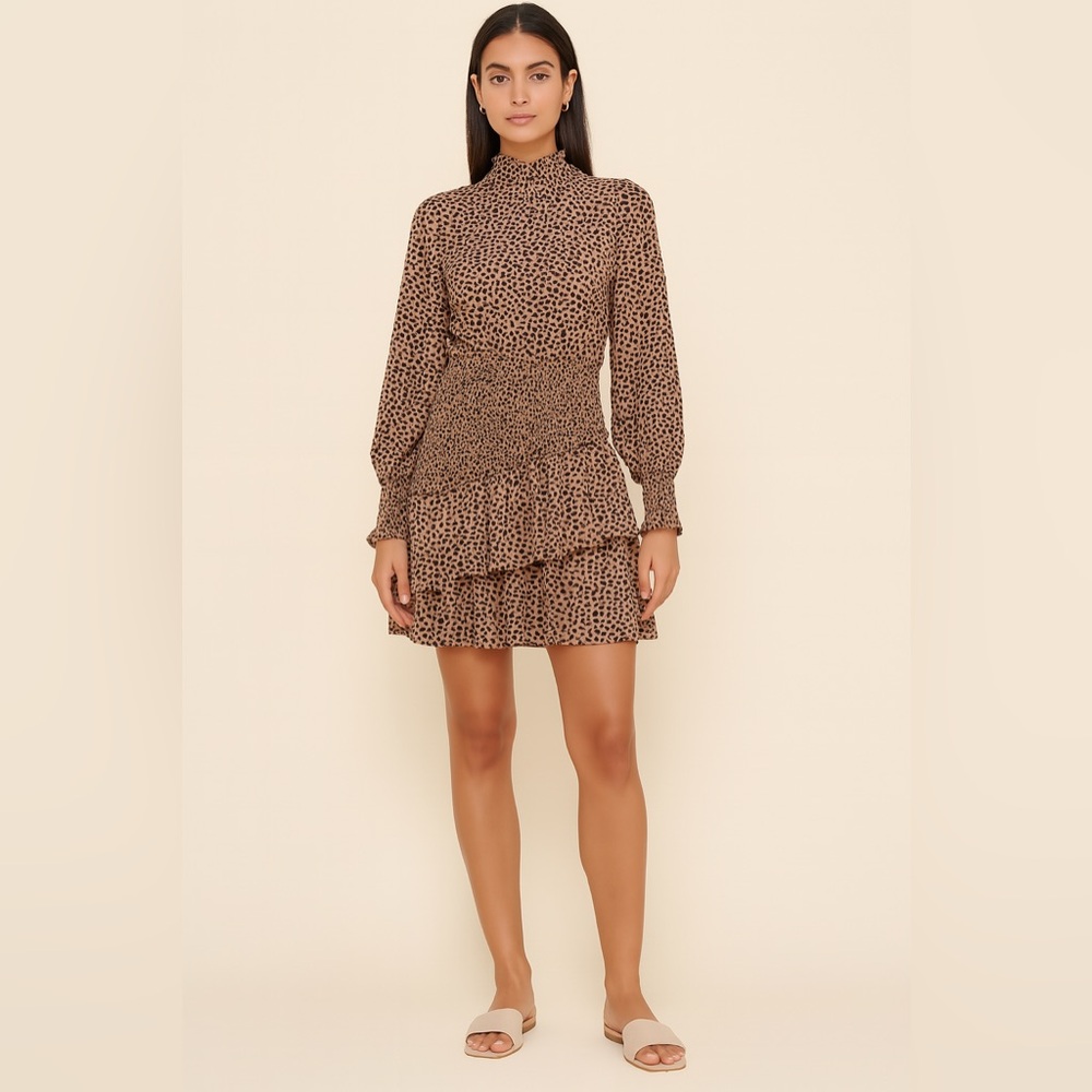 Fashion Nova Smocked Leopard Mini Dress | Long Sleeve Ruffle Hem